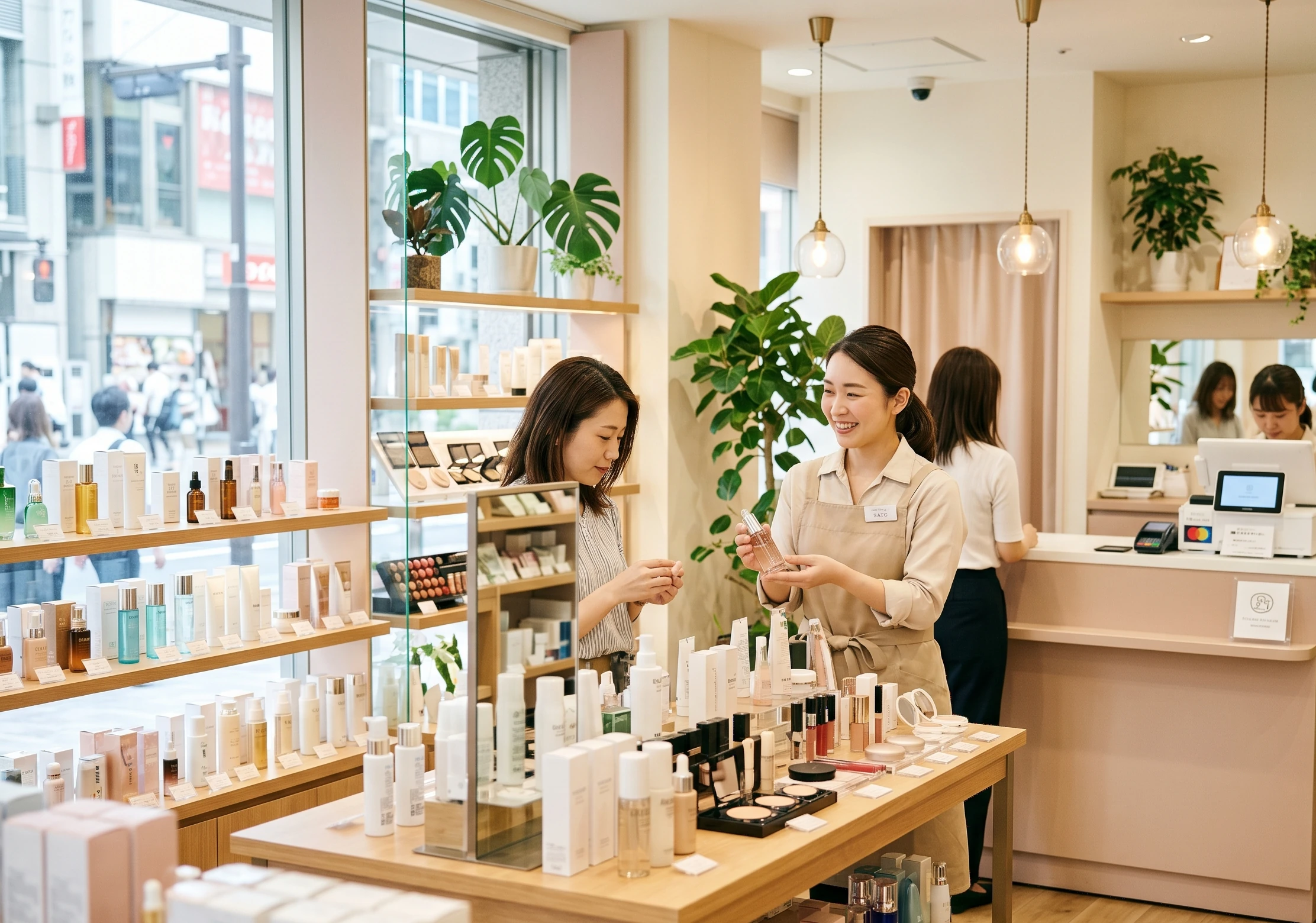 化粧品小売業の店舗内装と商品陳列のイメージ