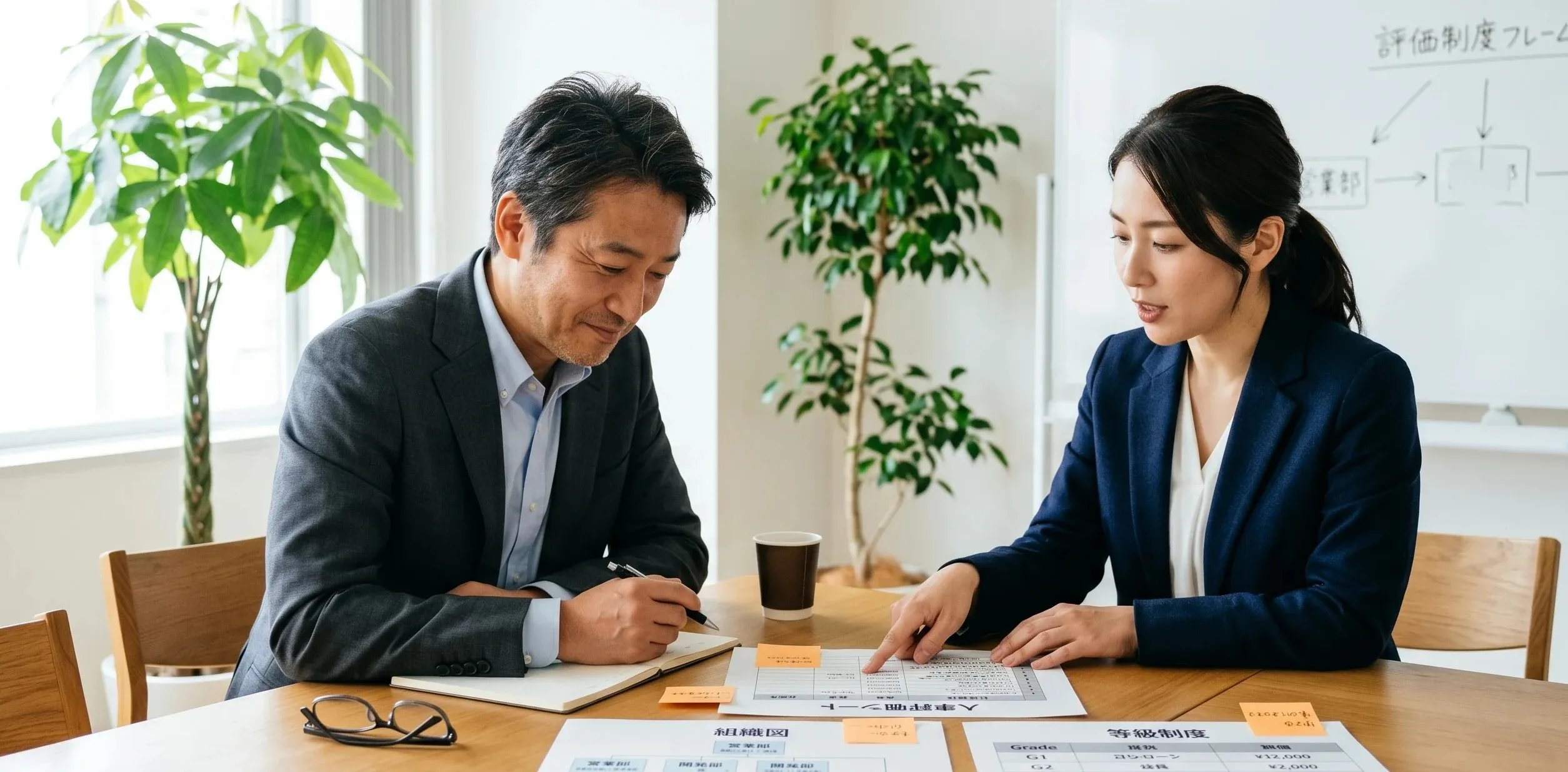 人事評価制度の設計を経営者と並んで議論する担当コンサルタント