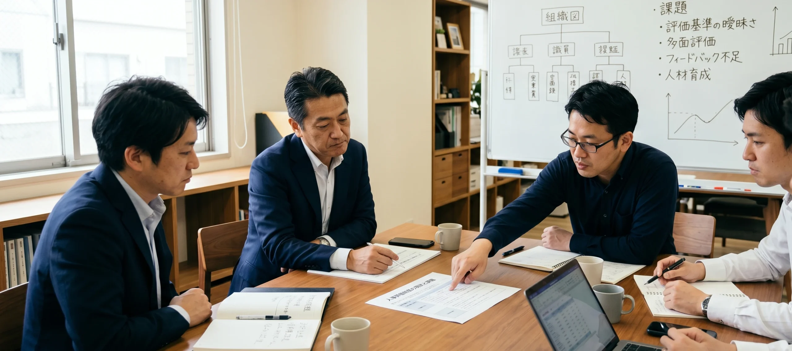 人事評価制度の課題を話し合う中小企業の経営者と幹部の会議シーン