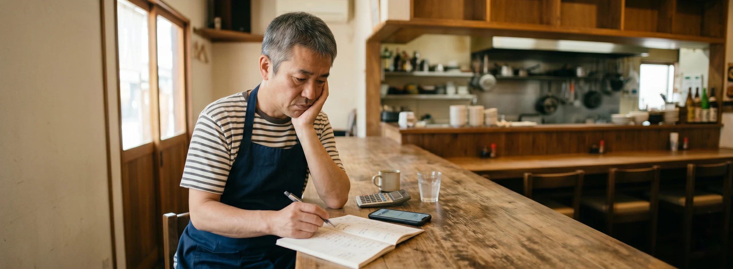 売上や集客に悩む小規模飲食店の店主のイメージ(ダミー・本番で実写真に差替)