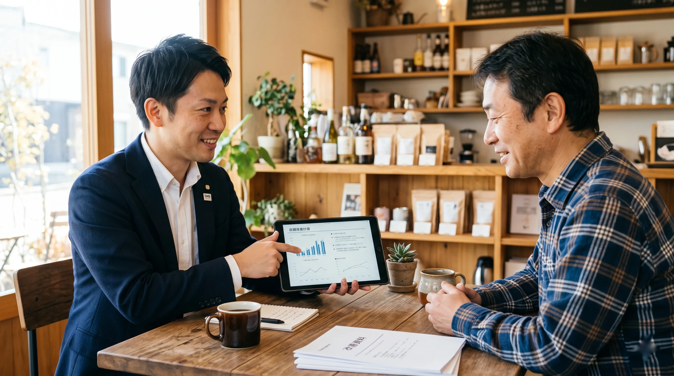 中小企業診断士が経営者に数字を示しながら相談に応じる様子