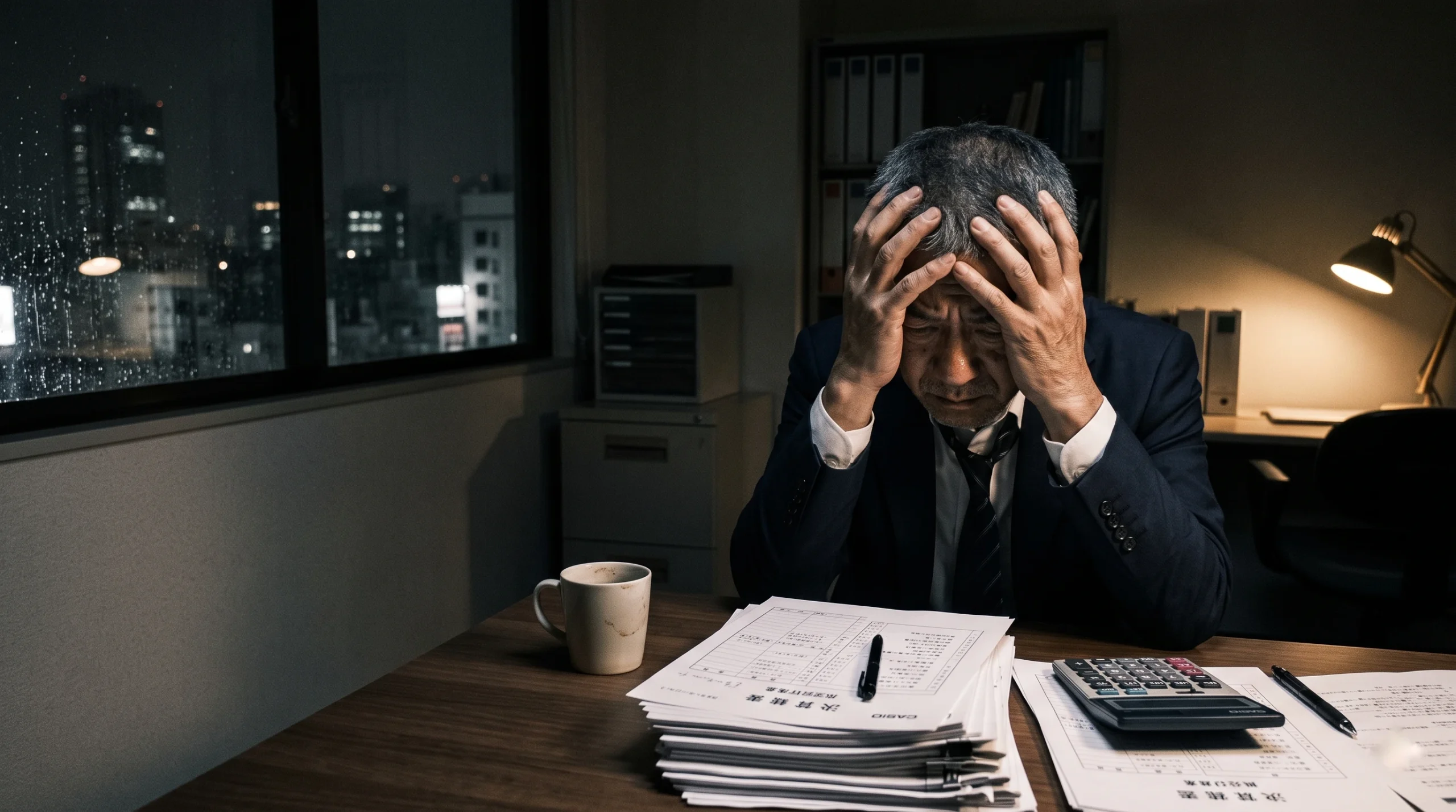 夜のオフィスで決算書を前に一人で頭を抱える中小企業の経営者