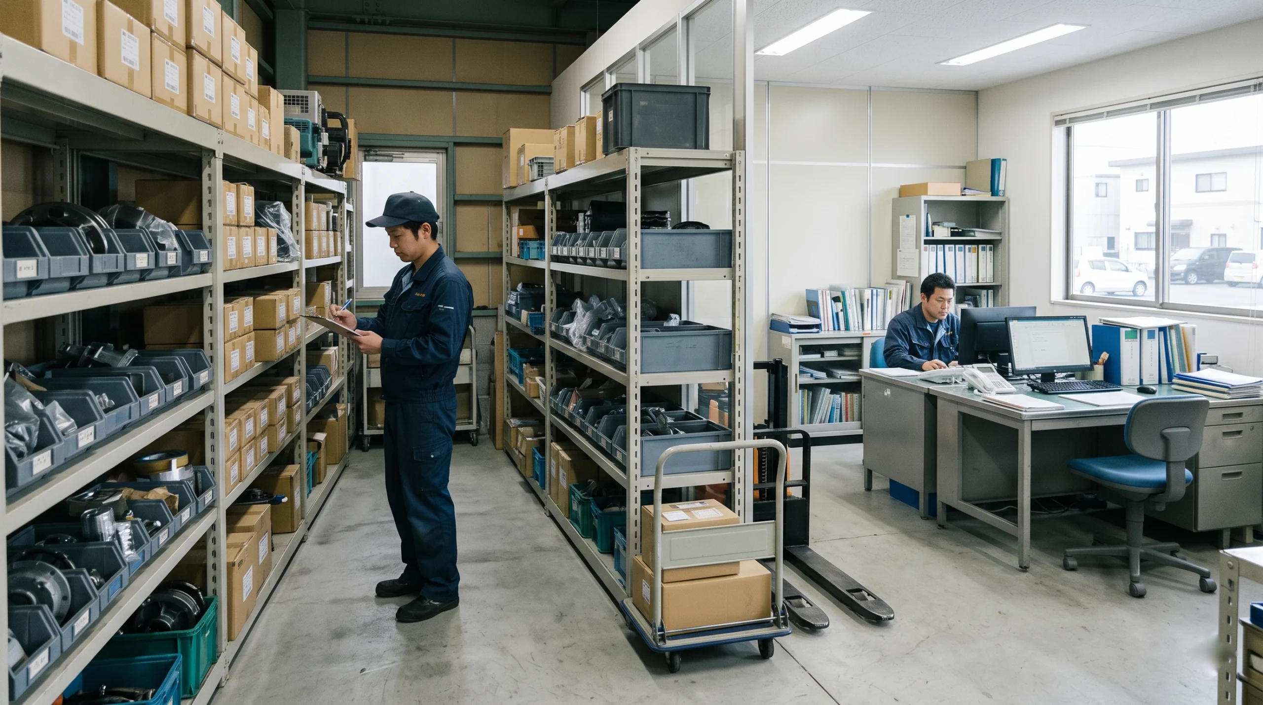 機器卸売業の倉庫で在庫を確認する従業員