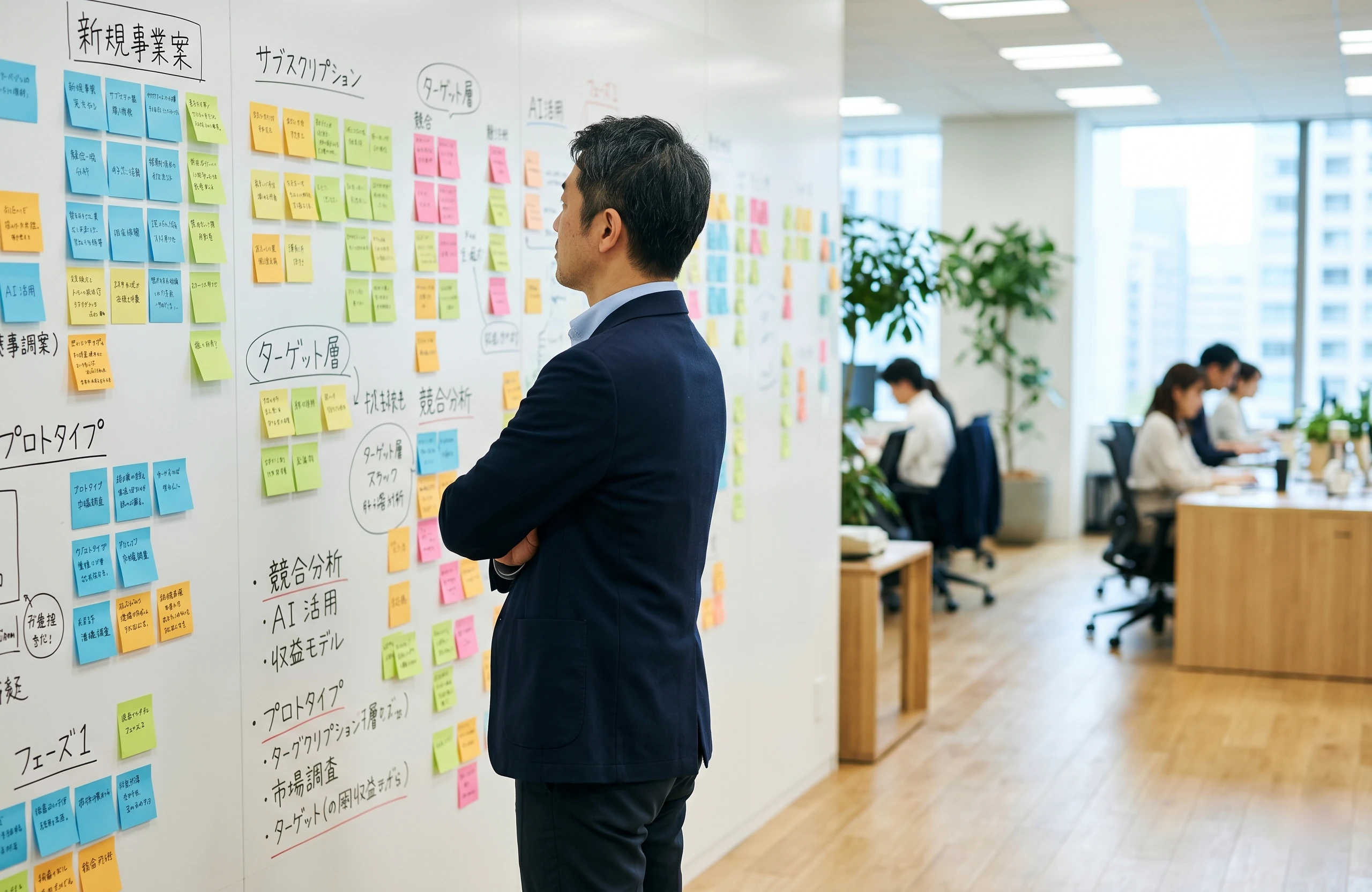ホワイトボードや付箋を前に、新規事業のアイデアを形にできるか思案する経営者（イメージ）
