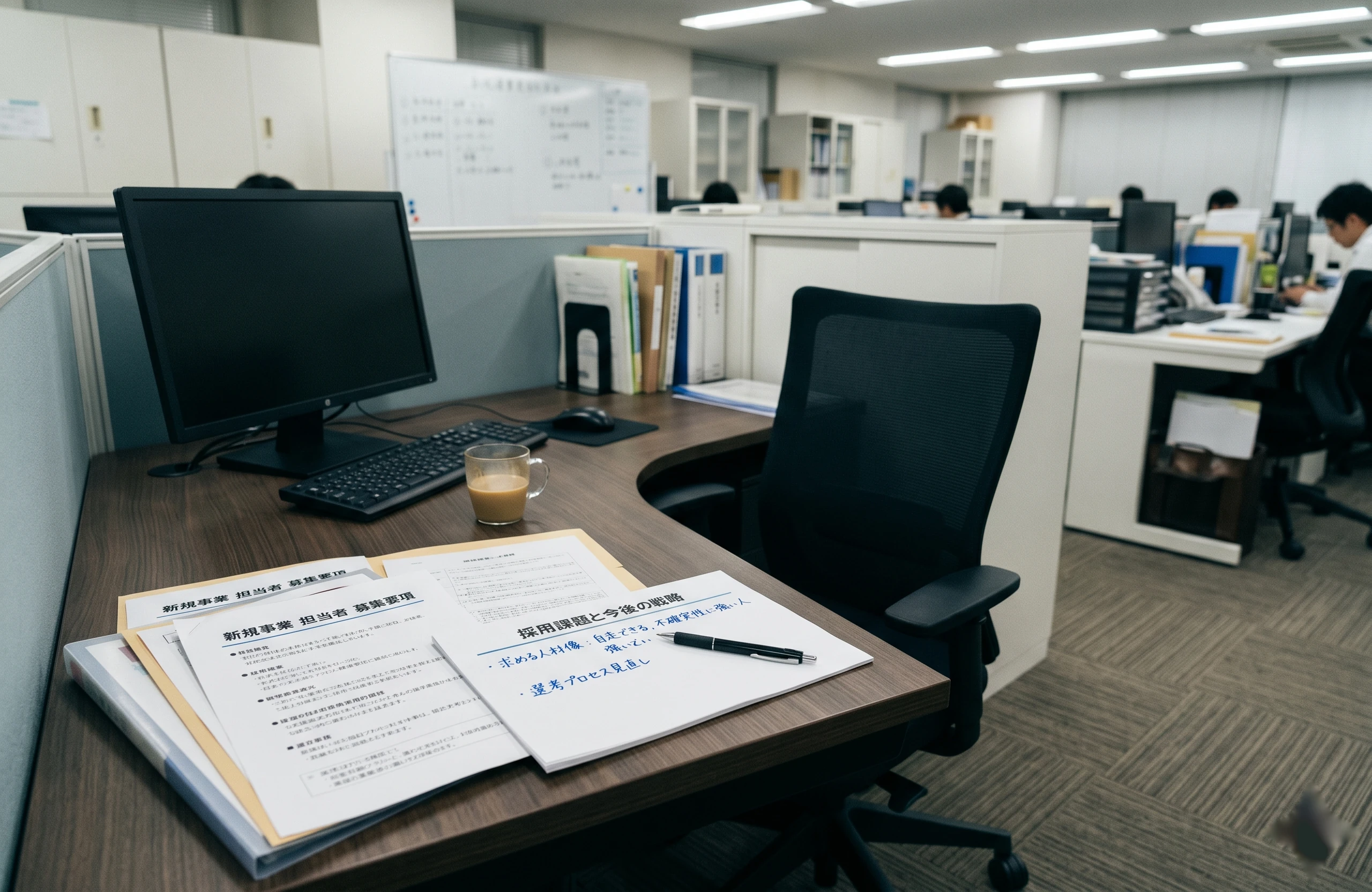 空席のデスクと求人資料。新規事業の担当者をどう採用するか悩む様子（イメージ）