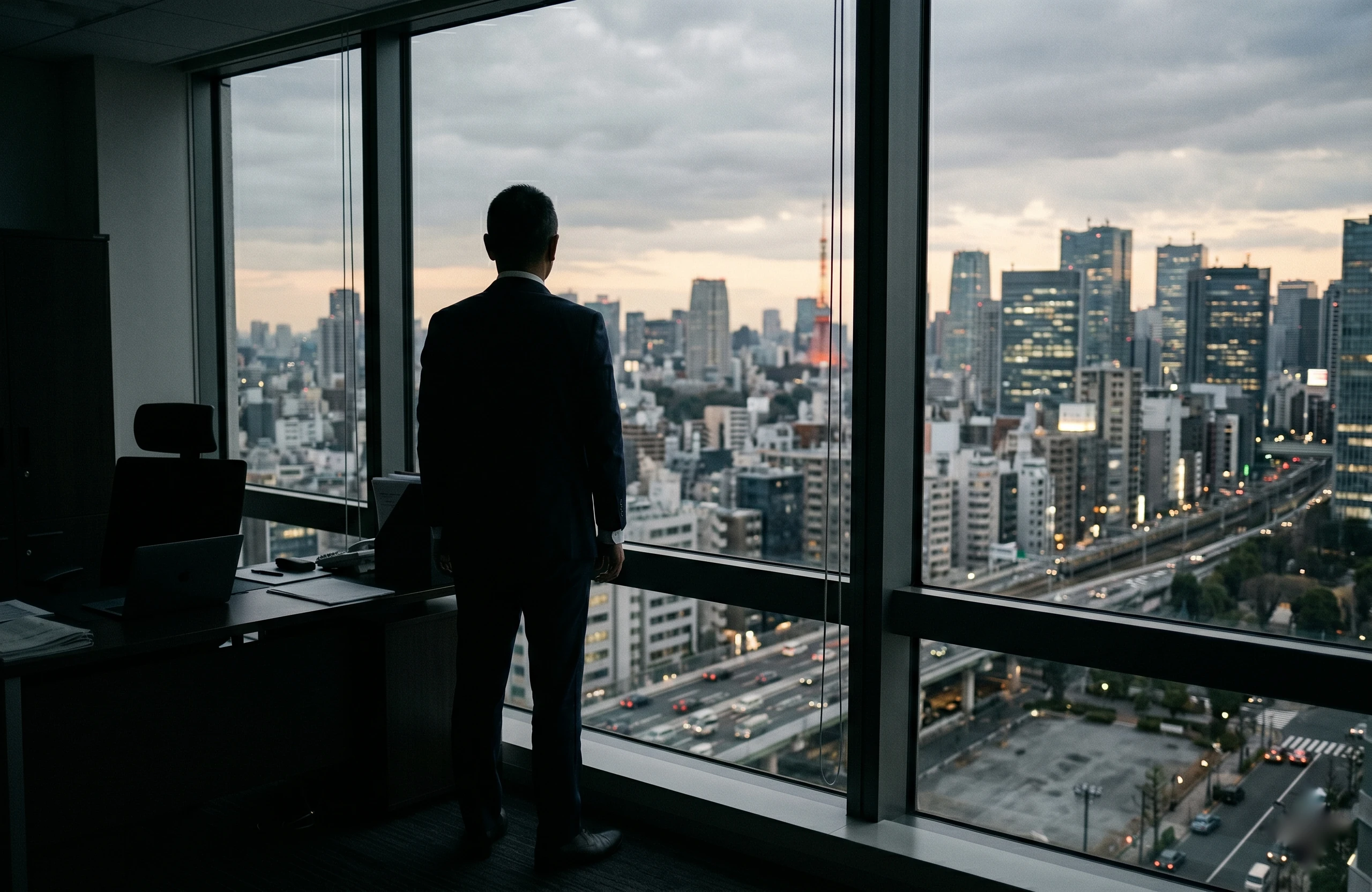 窓辺で立ち止まり、過去の失敗を静かに振り返る経営者の後ろ姿（イメージ）