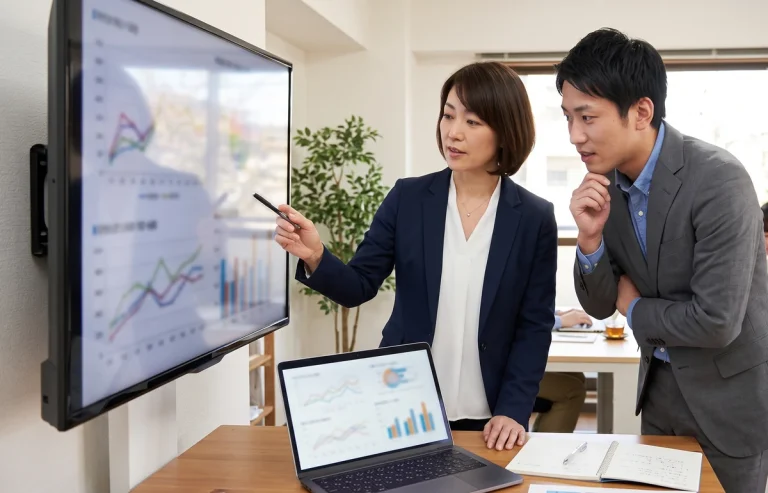 モニターの数値を見ながら経営数字を確認する場面
