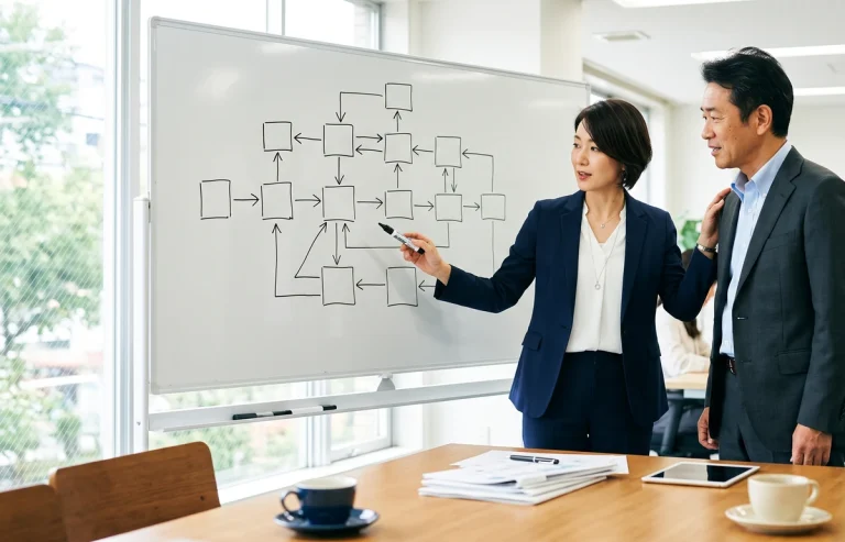 ホワイトボードを使って事業計画を組み立てる場面