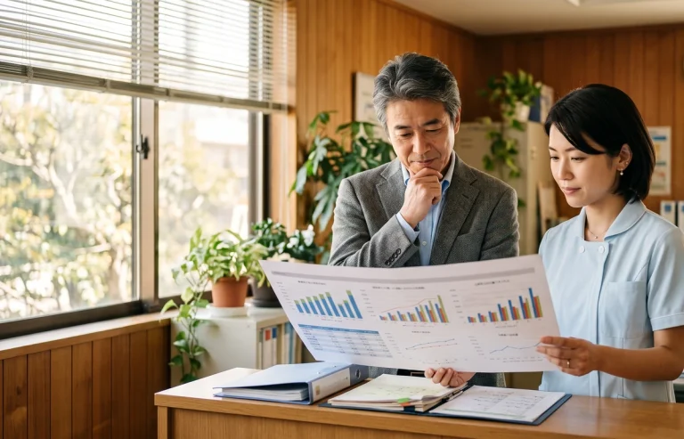 支援を経て売上が伸びた事業所で成果を確認する場面