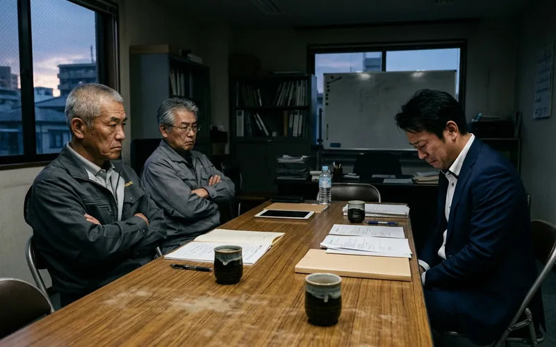 会議室で古参の幹部たちを前に、言葉を飲み込む社長