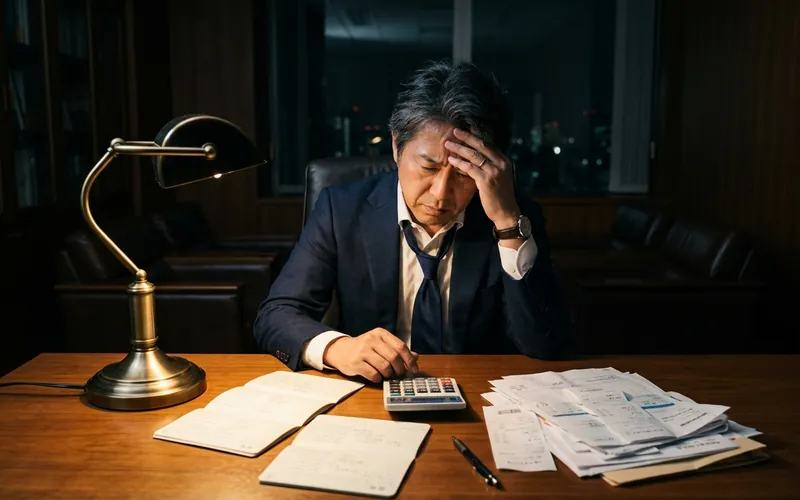 夜の社長室で、通帳と請求書を前に頭を抱える社長