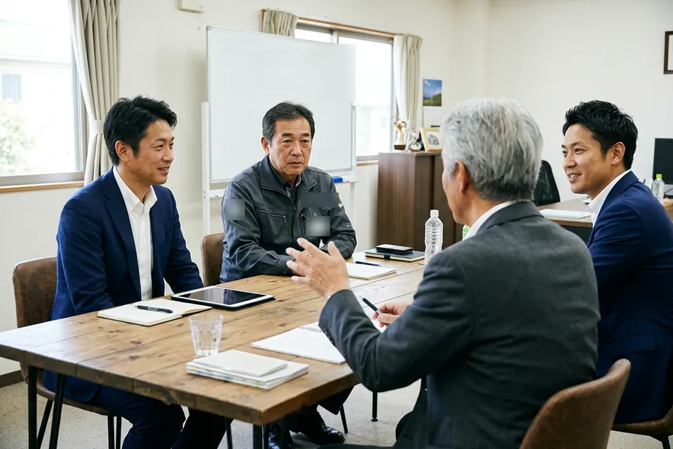 社長の隣に座り、幹部と向き合って話すアドバイザー