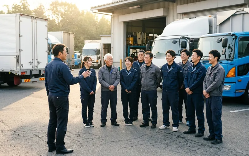 合併後の運送会社で、新しい社長のもと朝礼に集まる社員