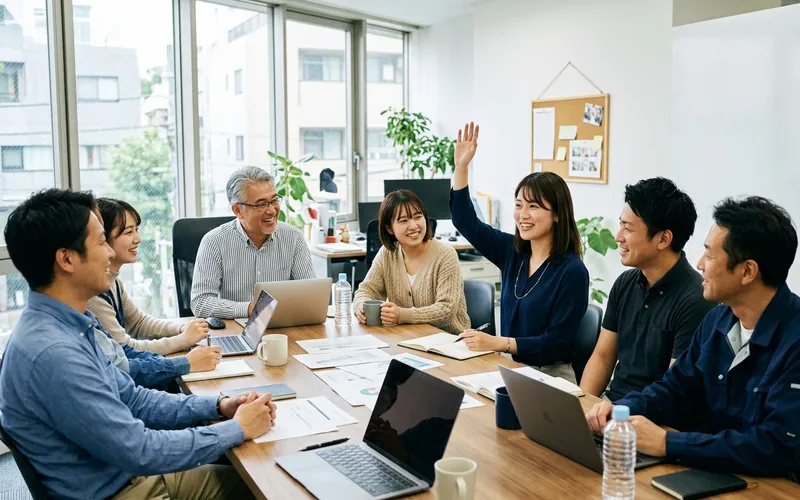 会議で若手社員が手を挙げて発言する場面