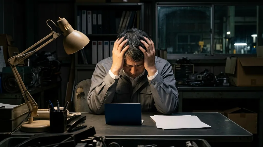 夜の事務所で、書類を前に頭を抱える製造業の社長