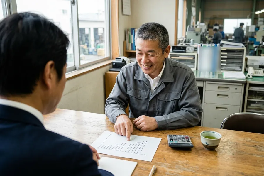 手書きのグラフを指さしながら、専門家と笑顔で話す製造業の社長