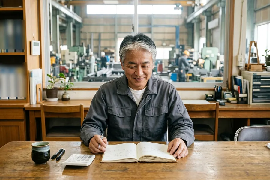 事務所でノートに書き込みながら、落ち着いた表情を見せる製造業の社長