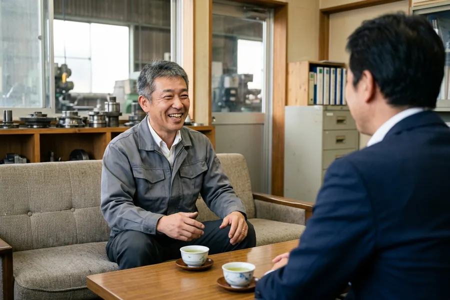 応接スペースで専門家と向き合い、笑顔で話す製造業の社長