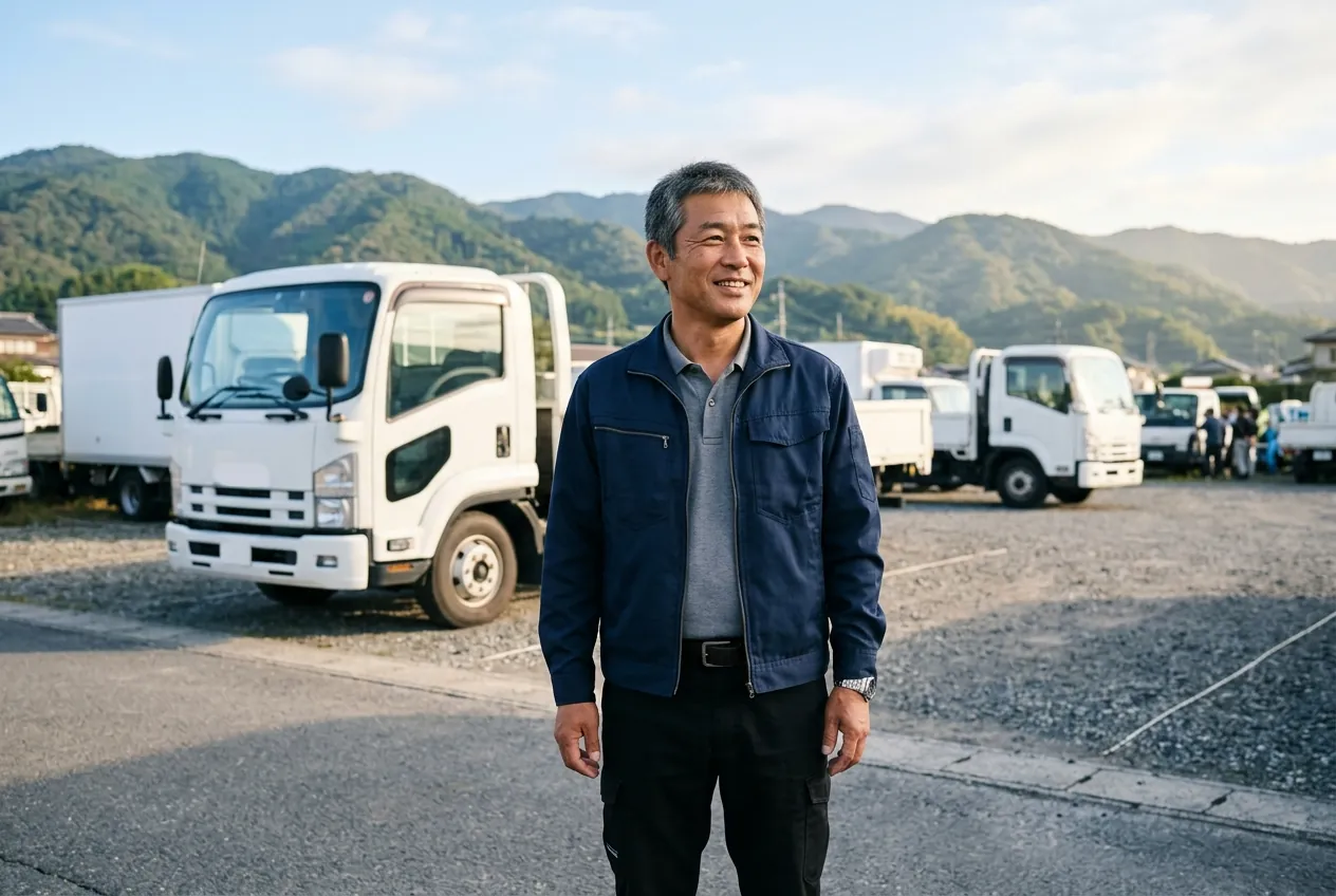 朝の光が差す車庫で、トラックを背に立つ運送会社の社長