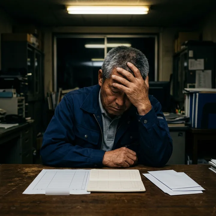 夜の事務所で、通帳と支払いの予定表を前に頭を抱える運送会社の社長
