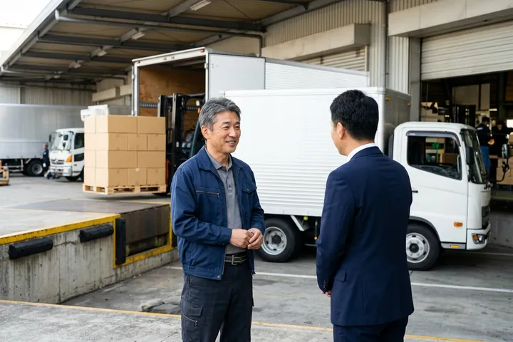 物流倉庫の荷受け場で、運送会社の社長と話す専門家