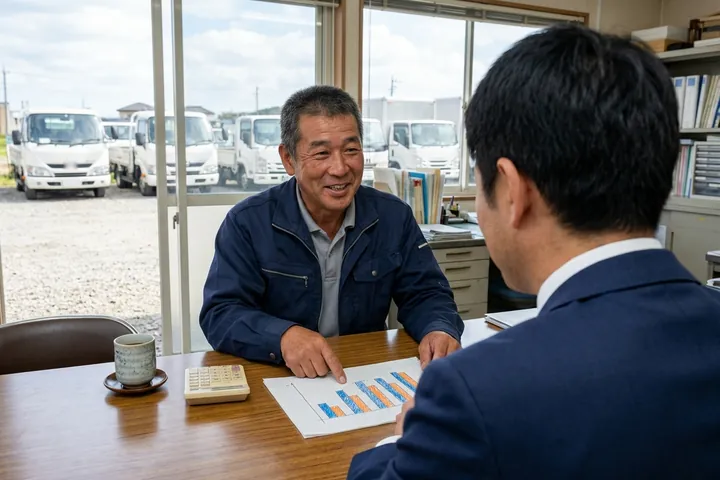 車庫に面した事務所で、資料を広げて運送会社の社長と話す専門家