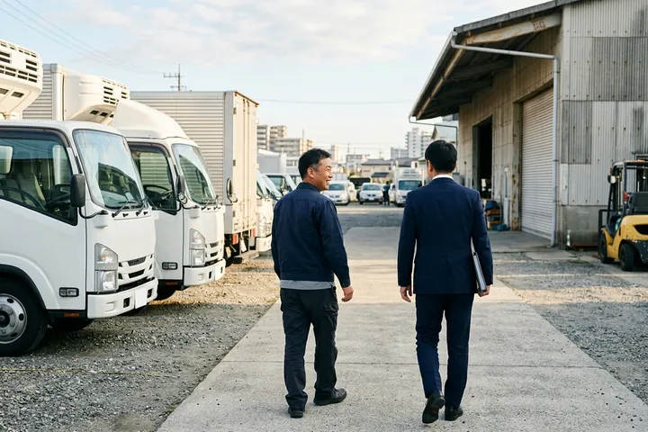 車庫の通路を並んで歩きながら話す、運送会社の社長と専門家