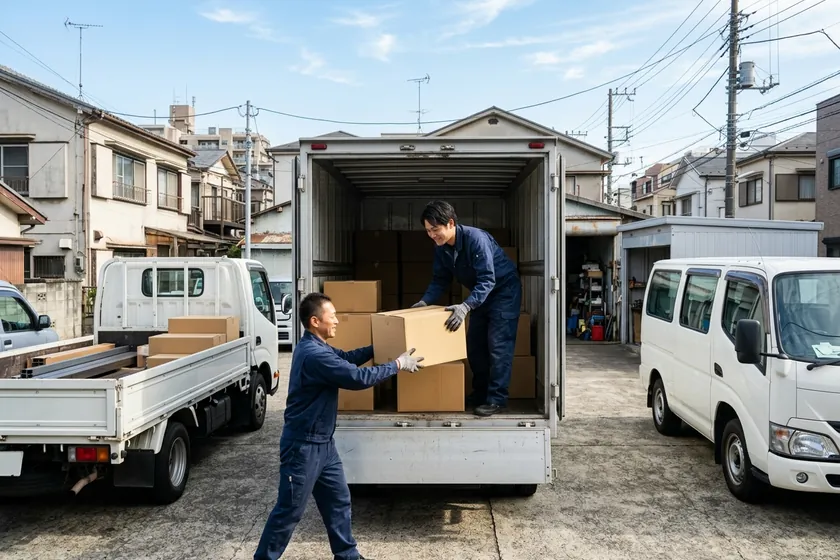 都内の運送会社の車庫で、トラックに荷を積む場面