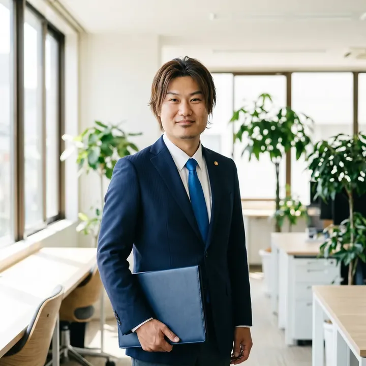明るい事務所に立つ、中小企業診断士 齊藤 雅典