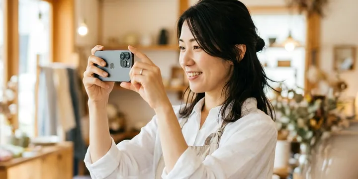 スマートフォンで店内の様子を撮影するスタッフ