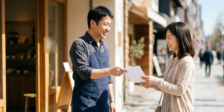 店先でチラシを手渡すスタッフ