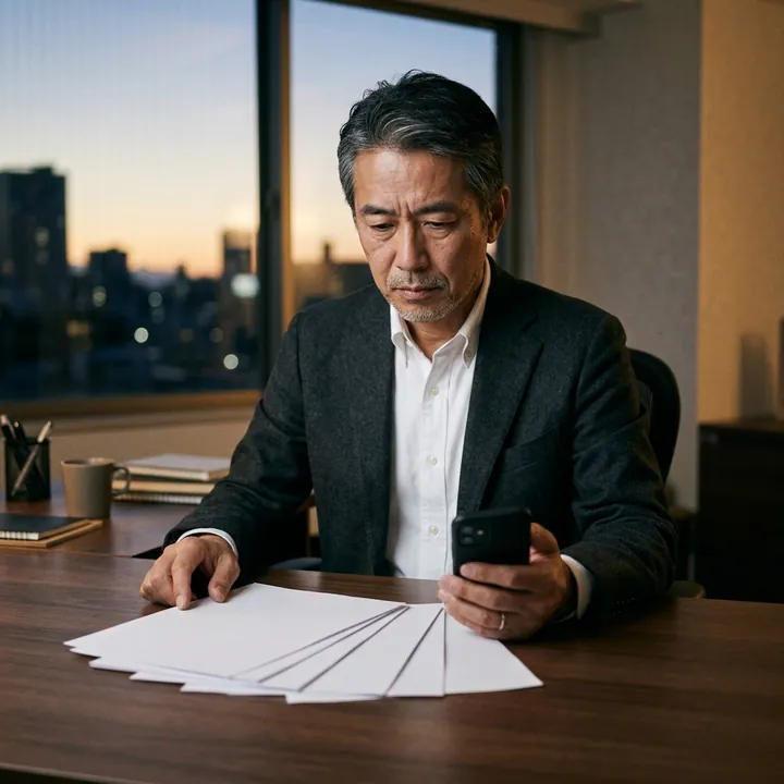 夕方の事務所で、スマートフォンを手に、机に広げたチラシを見つめて考え込む経営者