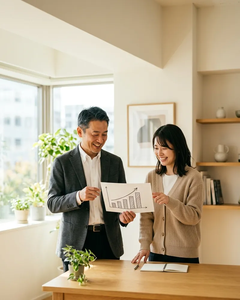 明るい事務所で、右肩上がりのグラフを手に、笑顔で話し合う経営者と社員