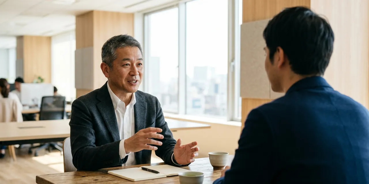打ち合わせの席で、経営者の話に耳を傾ける専門家の後ろ姿
