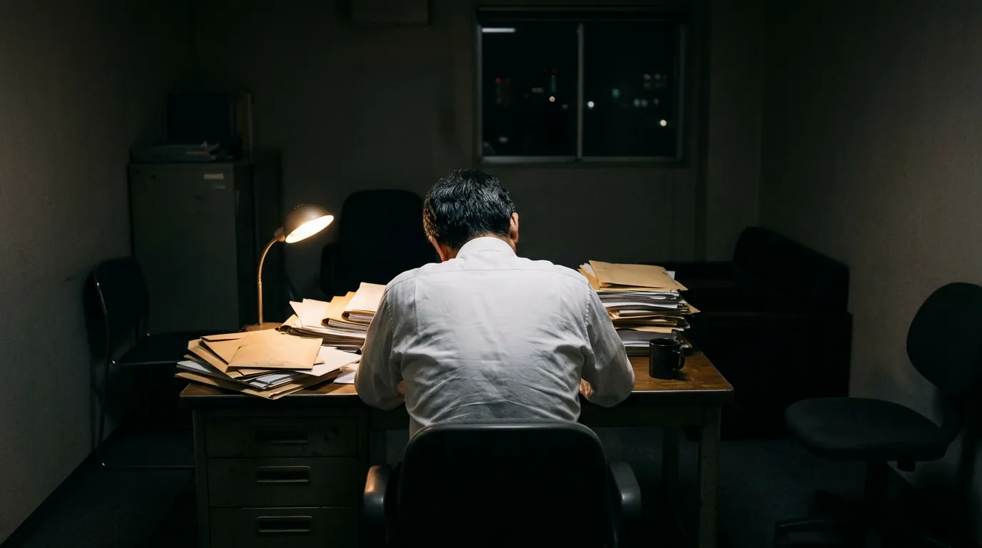 夜の事務所で、積み重なった資料の前に座る経営者の後ろ姿
