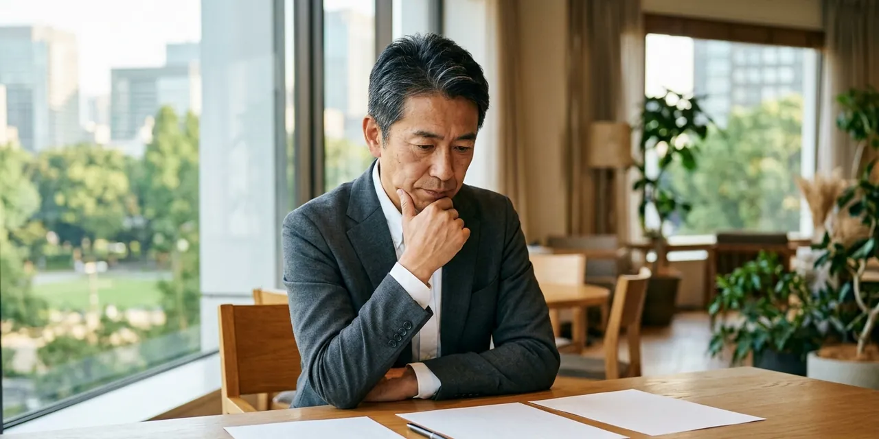 窓辺の打ち合わせ席で、資料を見比べる経営者