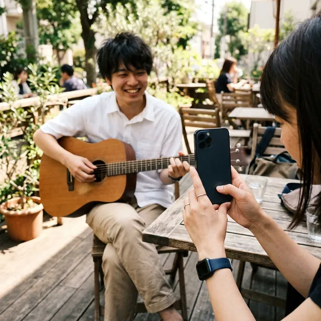 ギターをスマートフォンで撮影する手元