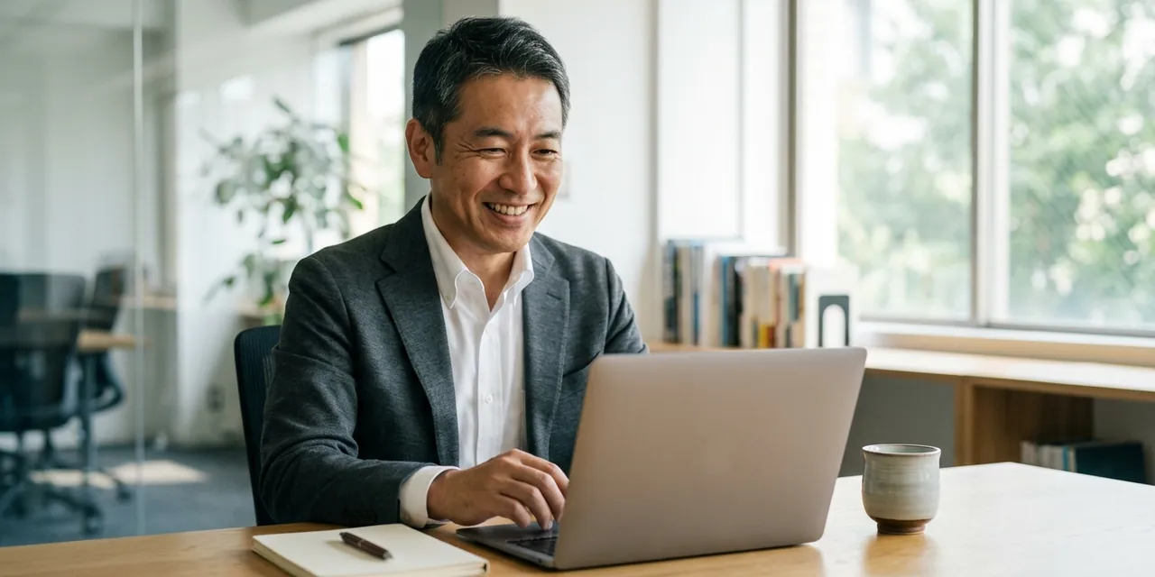 事務所でオンラインの相談を受ける経営者