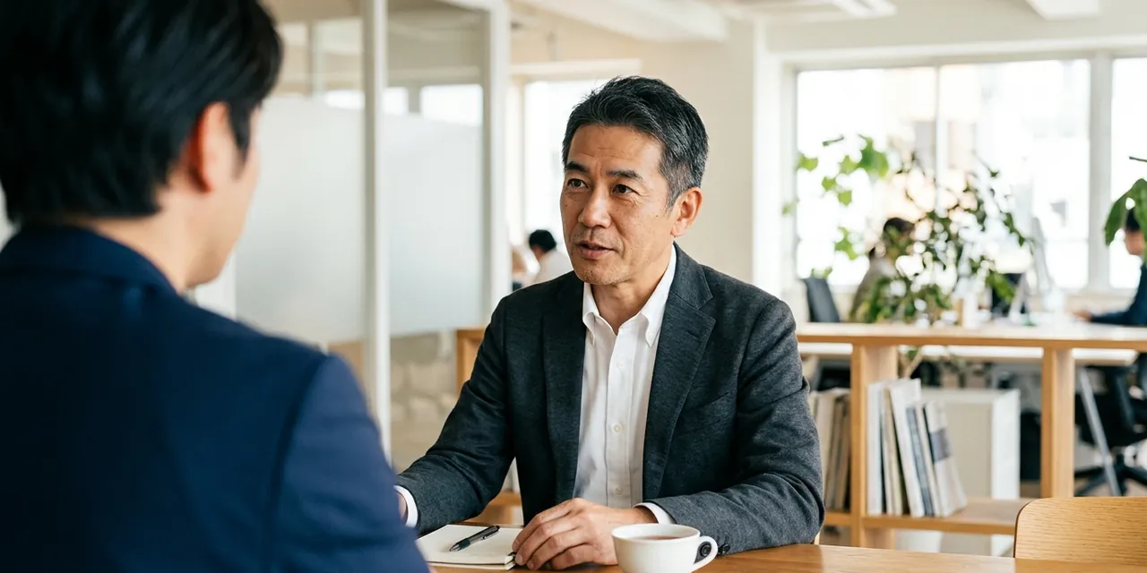 打ち合わせの席で、専門家の話にうなずく経営者
