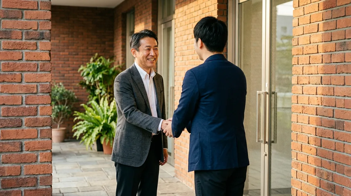 打ち合わせを終え、笑顔で握手を交わす経営者と専門家