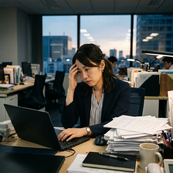書類の束を前に、パソコンで作業を続ける人事担当者
