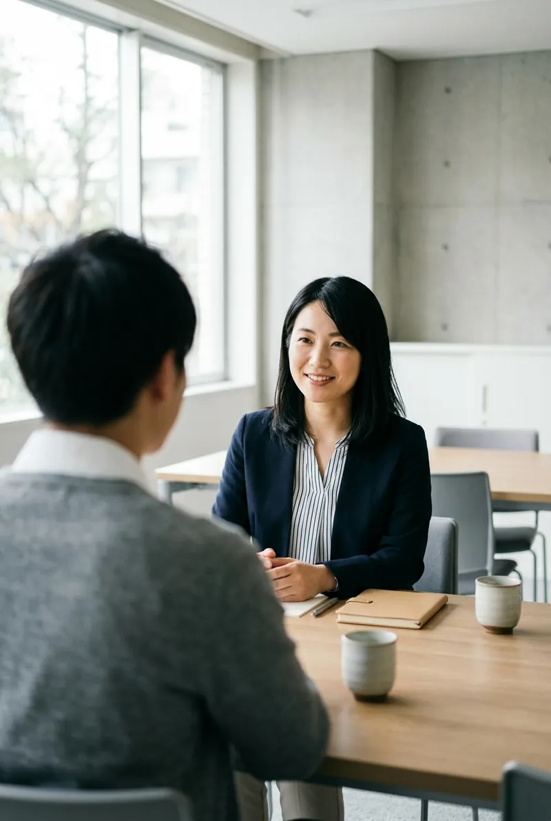 明るい会議室で、社員と1対1で話す人事担当者