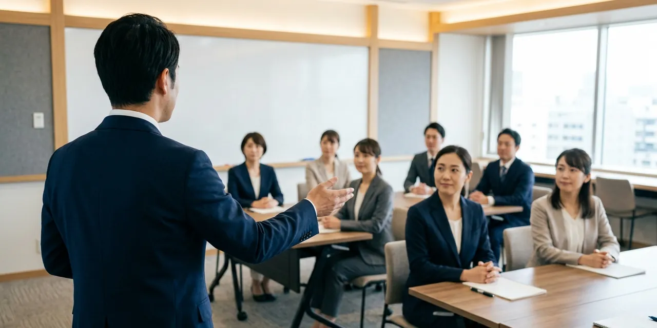 研修の会場で、参加者に向けて話す専門家の後ろ姿