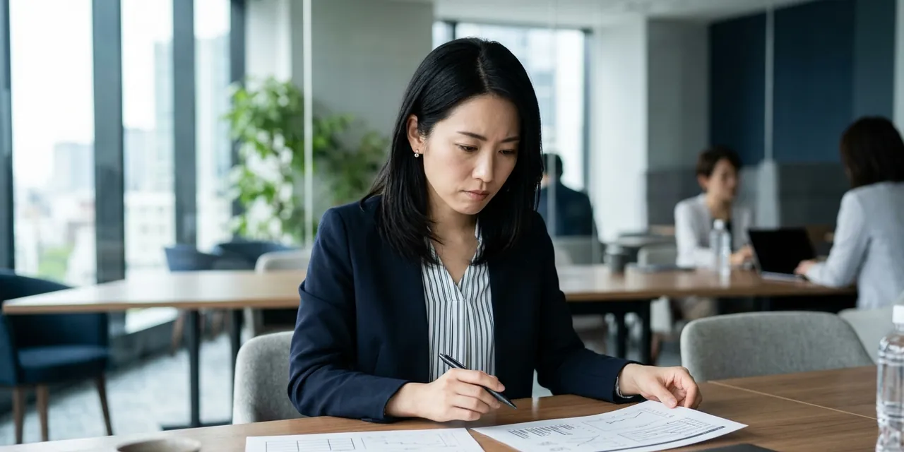 打ち合わせの席で、資料を見比べながら相談先を検討する人事担当者
