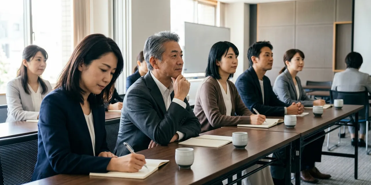 研修の会場で、講師の話に耳を傾ける参加者たち