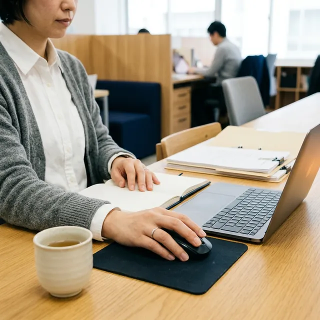 社内のチャットに届いた質問を、パソコンで確認する社員の手元