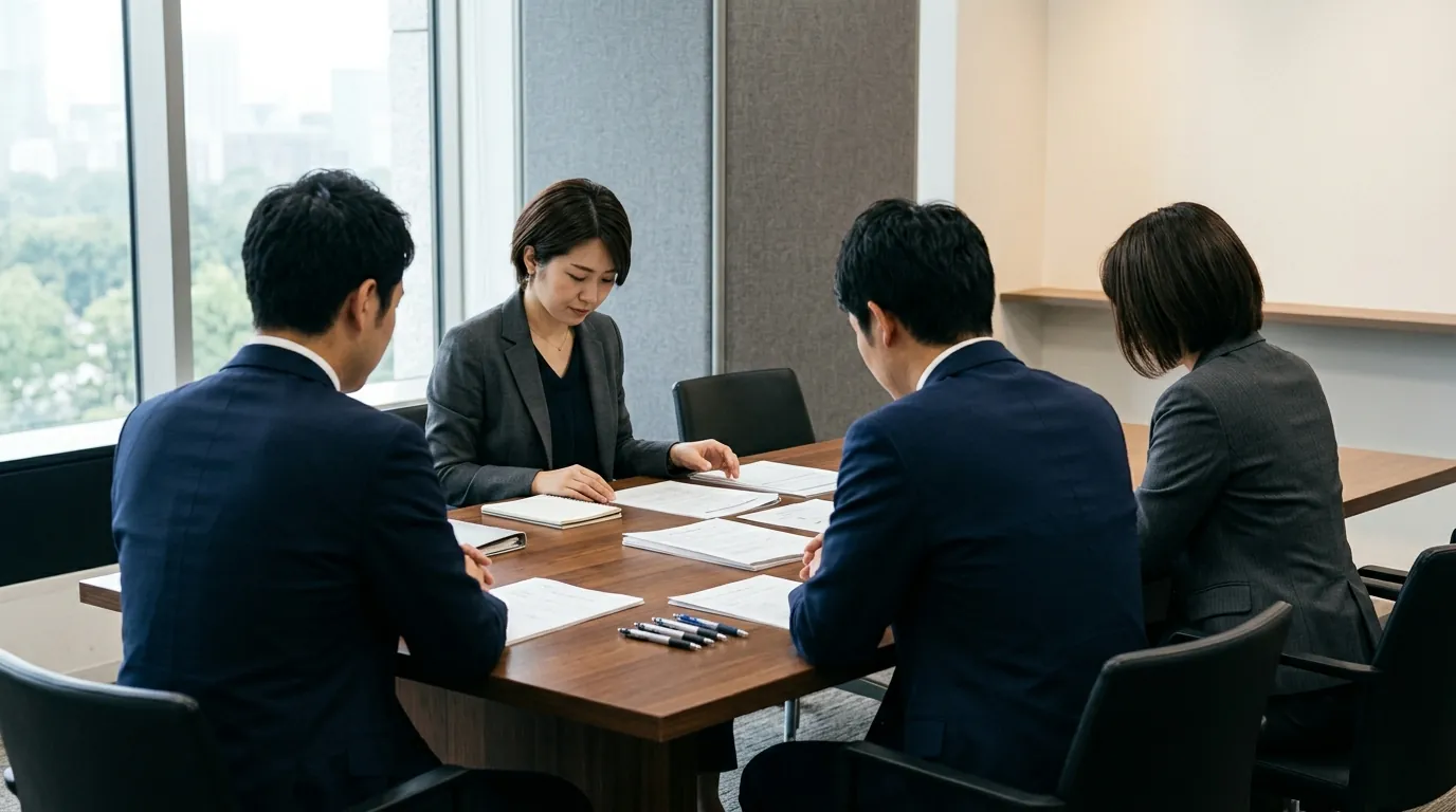 資料をもとに打ち合わせをする専門家のチーム