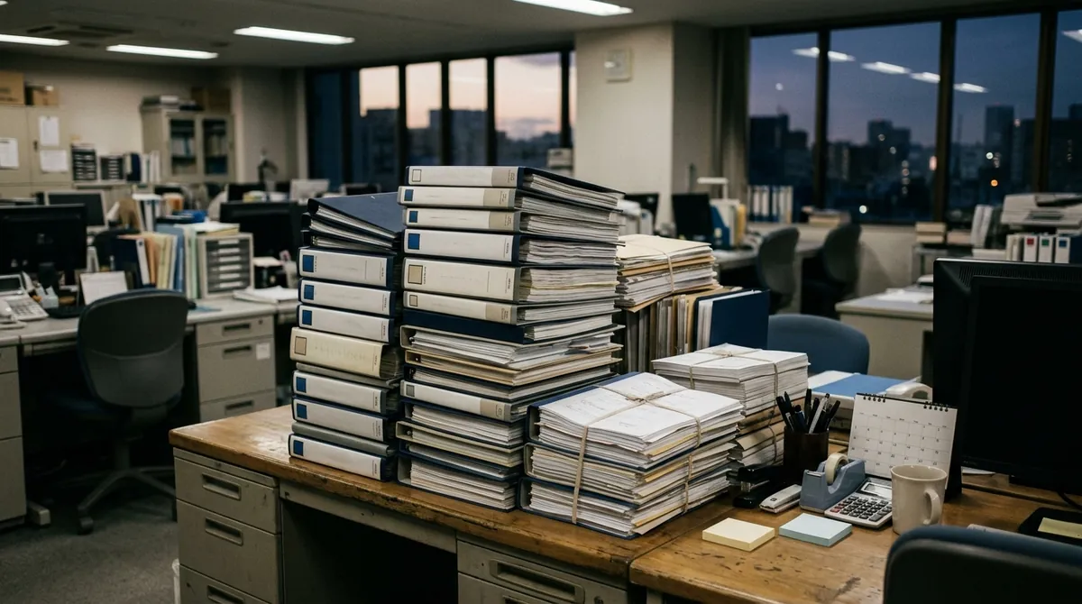 年度末の事務室に積み重なった書類とファイル