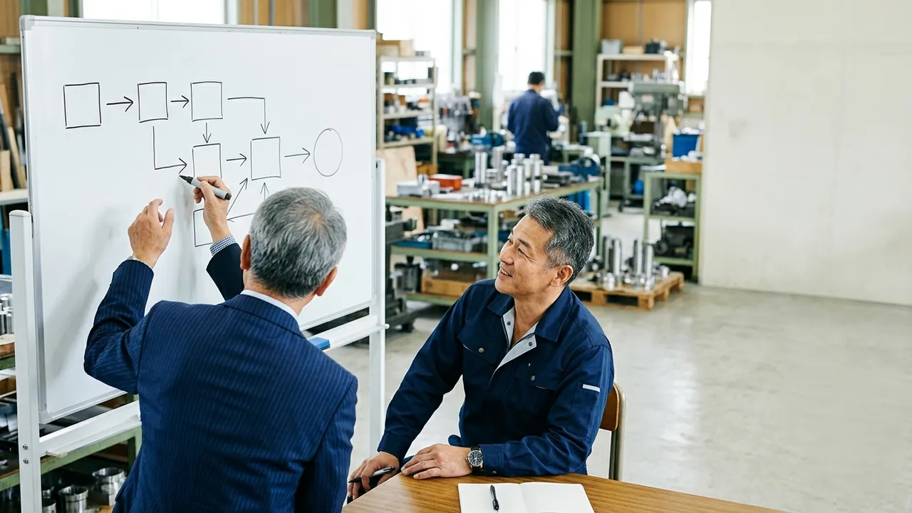 社長と専門家が、受注までの道筋を図に描きながら話し合う様子