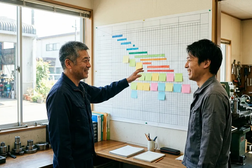 進み具合を書き込んだ計画表を前に、笑顔で話し合う社長と社員